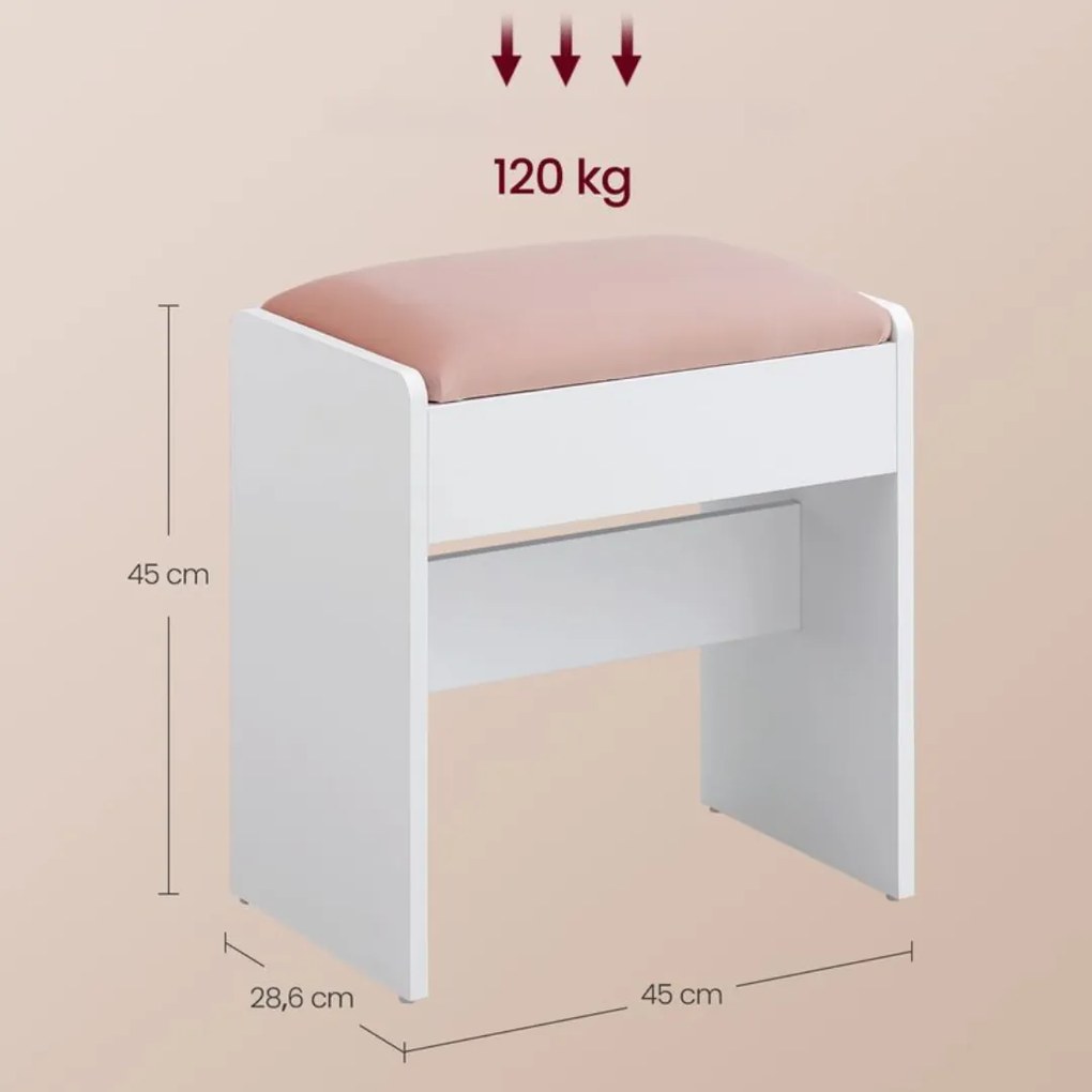 VELVET kárpitozott taburet/szék sminkasztalhoz, 45×45×28,6 cm, fehér/rózsaszín Vasagle