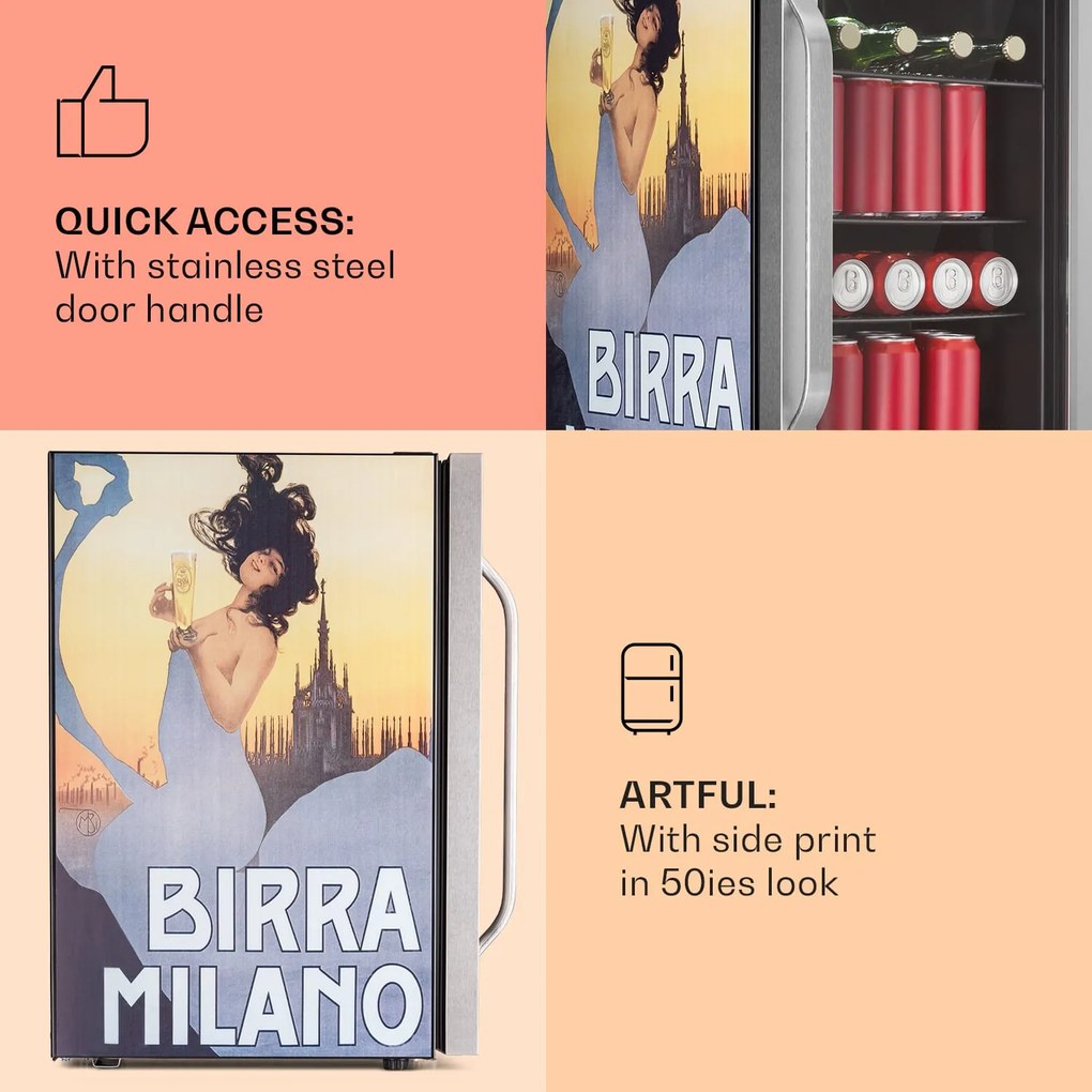 Klarstein Beersafe 70 Birra Milano Edition, hűtőszekrény, 70 liter, 3 polc, panoráma üvegajtó, rozsdamentes acél