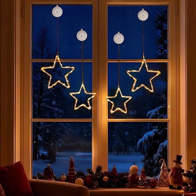 Ablak lámpák Karácsonyi dekoráció Csillogó Csillagok elem 4db