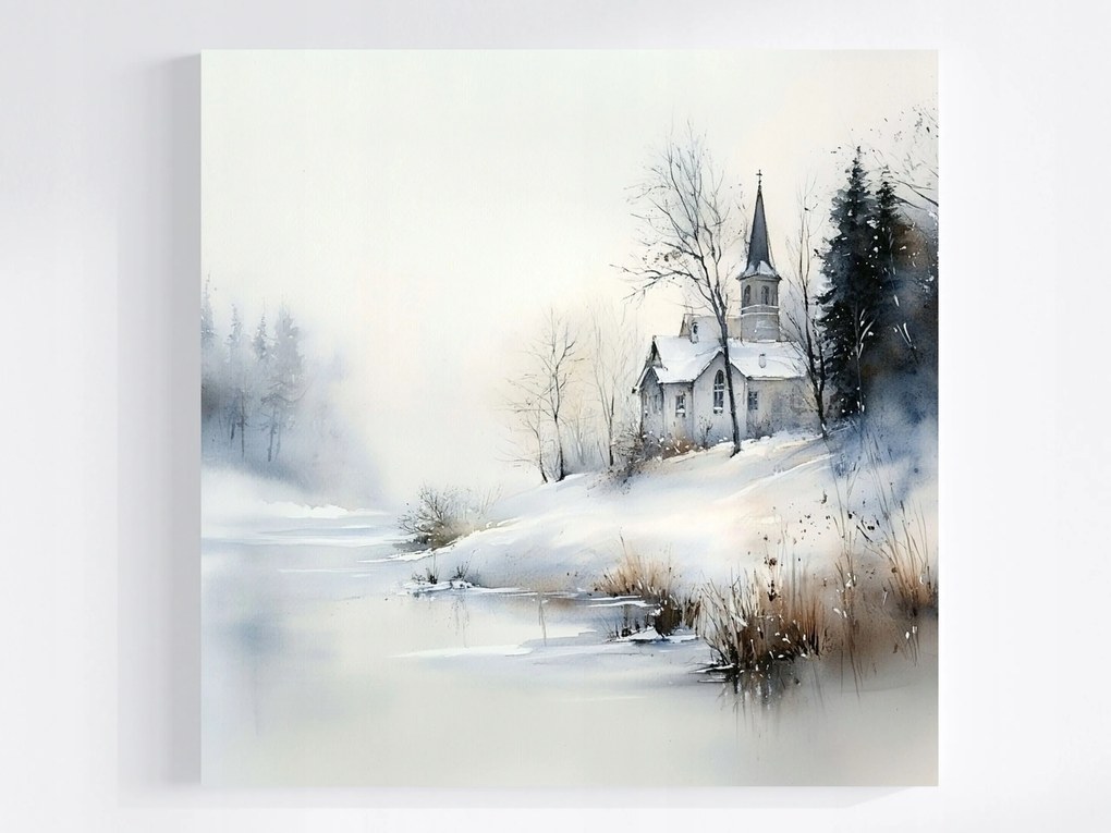 Vászonkép Canvas Tájkép Tél Hó Jég Fagy Folyó Templom 80x80