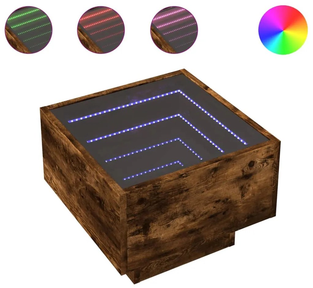 füstös tölgy színű szerelt fa kisasztal LED-del 40 x 40 x 30 cm