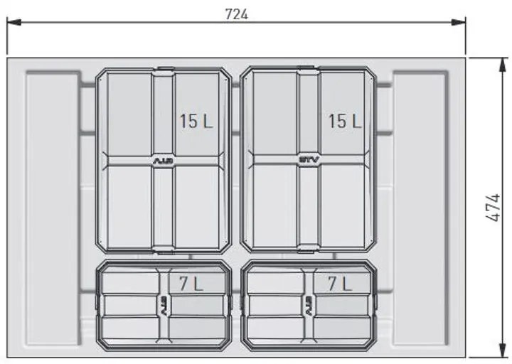 Hulladékgyűjtő AxiSpace 800mm, mozgatórendszer nélkül, 2x15L, 2x7L edényekkel, tálcával, fedelekkel