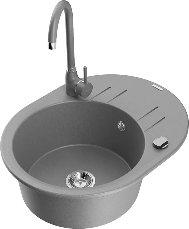 Mexen Kevin egymedencés gránit mosogató csepegtetővel és Telma konyhai csappal, szürke - 6517-71-670200-71