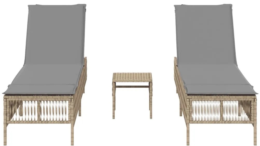 2 db bézs polyrattan napozóágy asztallal