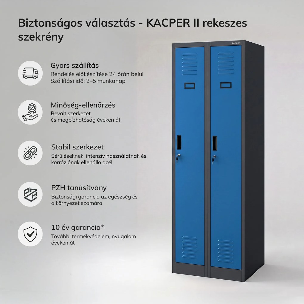Kétrekeszes dolgozói öltözőszekrény antracit-kék: KACPER II, 600 x 1800 x 500 mm