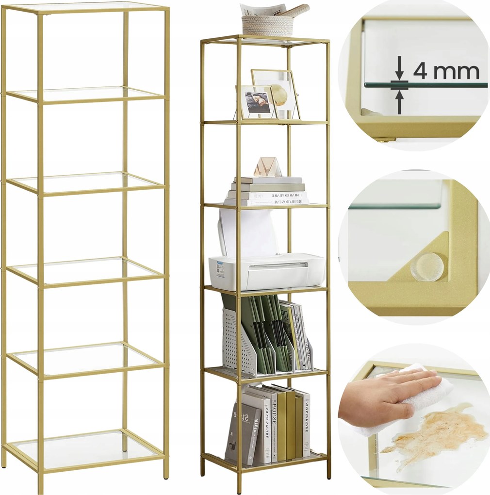 Könyvespolc 6 polc dekorációhoz, növényekhez, 6 üvegpolc 40x30x177,3 cm Arany