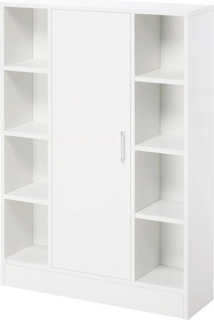 kleankin Fehér Fa Padló Szekrény 8 Nyitott Rekesszel és 1 Ajtóval, Állítható Polcokkal - Fürdőszobai Tároló Szekrény Konyhába és Nappaliba 71x22x100 c