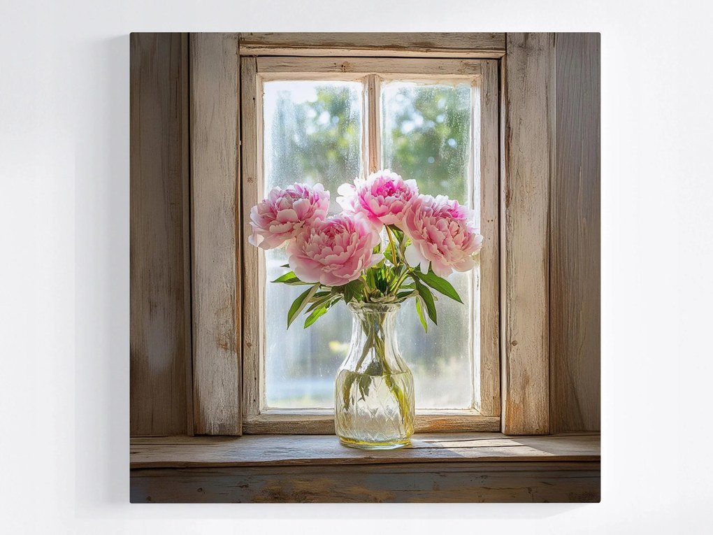 Vászonkép Canvas Ablak Dekoráció Váza Virágok Bazsarózsa Csokor 40x40