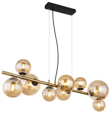 Globo 56135-9H Függeszték fém fekete matt, fém sárgaréz matt, üveg borostyán, HxSzxM: 866x360x1200mm, üveg méret 4X ø: 10 cm, 3x ø: 12 cm, 2 x ø: 15 cm, tartozék 9x G9 LED 3,5W 230V, forrás 80lm kimenet, 3000K, 10676 LED izzóval