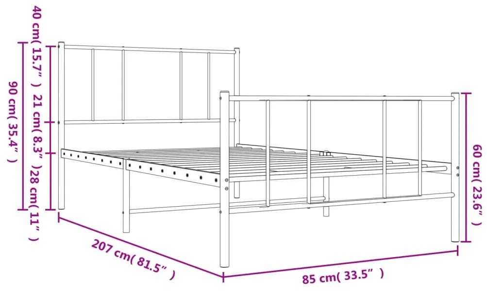 fekete fém ágykeret fej- és lábtámlával 80 x 200 cm