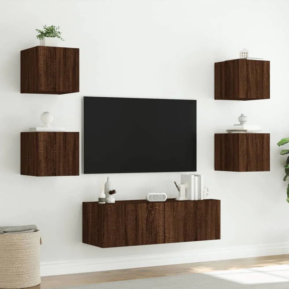 5 darab barna tölgyszínű falra szerelhető TV-szekrény LED-del