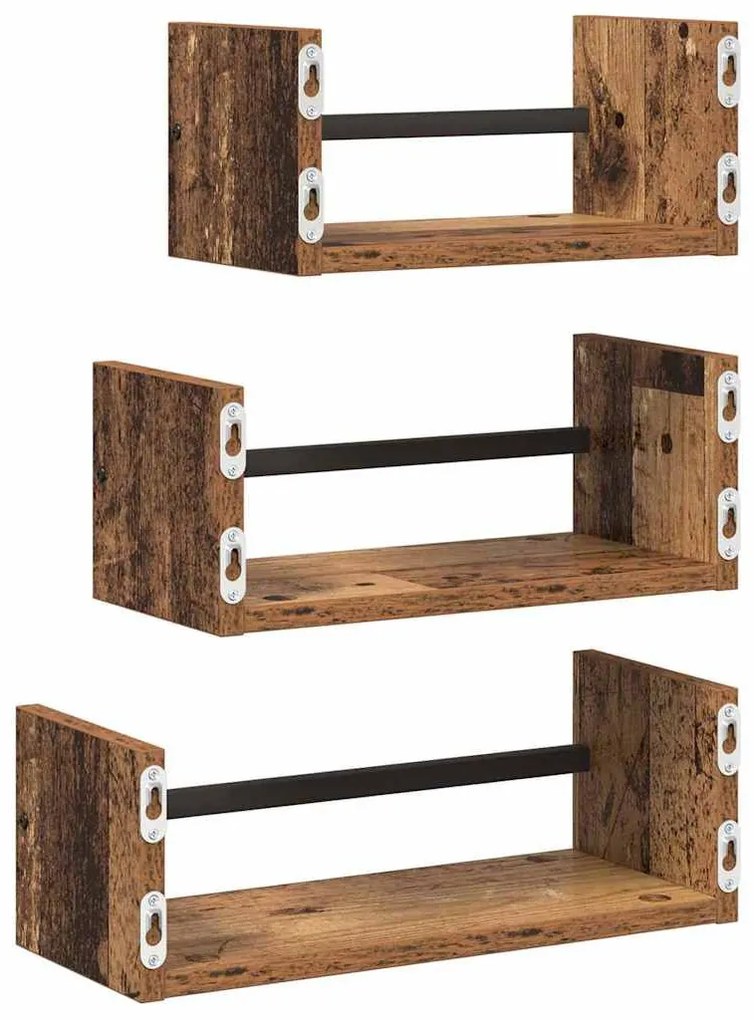 vidaXL Fali polc készlet polcokkal 3 pcs Öreg fa 40x16x14cm Faanyag
