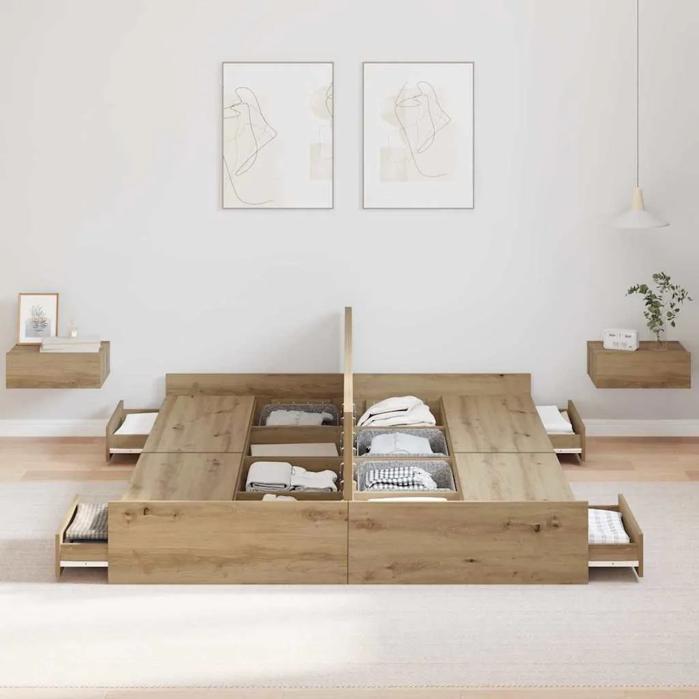 Ágykeret tárolóval fiókkal kézműves tölgy 160 x 200 cm Faanyag