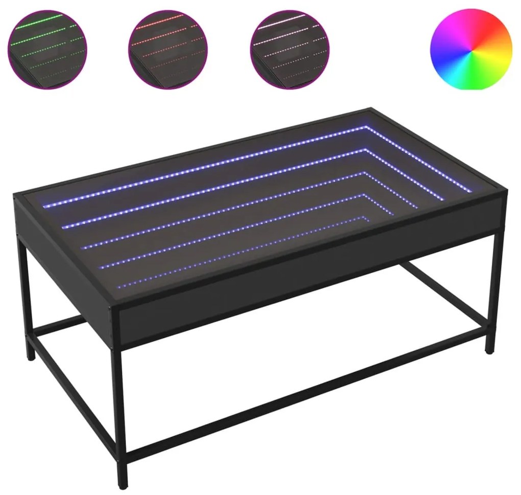 Fekete végtelen hatású LED-es dohányzóasztal 90 x 50 x 41 cm
