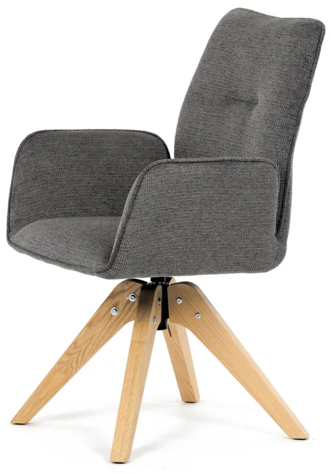 Scaun de sufragerie cu cotiere, din material hidrofug gri închis, cu picioare de stejar, rotativ la 360°