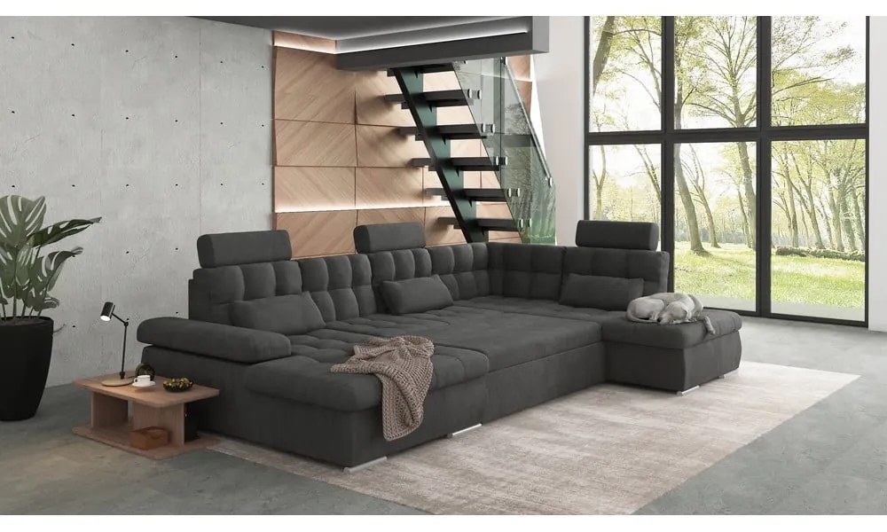 Antracitszürke kinyitható tárolóhelyes sarokkanapé (jobb oldali-U alakú) Merkur – Ropez