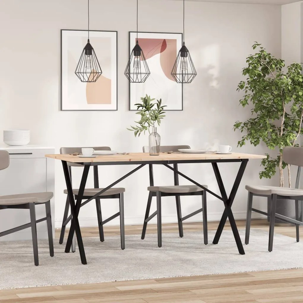 Tömör fenyőfa és acél étkezőasztal X-vázzal 140x80x75 cm