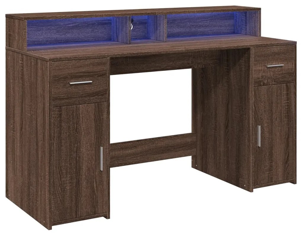 barna tölgy színű szerelt fa íróasztal LED-ekkel 140x55x91 cm