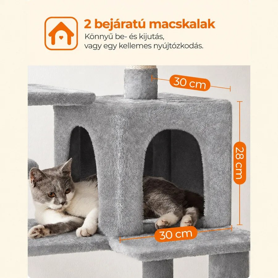 FEANDREA 143 cm magas macskafa, 2 kilátóplatformmal, macskabarlanggal és függőággyal, világosszürke