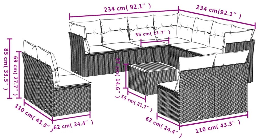 12 részes bézs polyrattan kerti ülőgarnitúra párnákkal