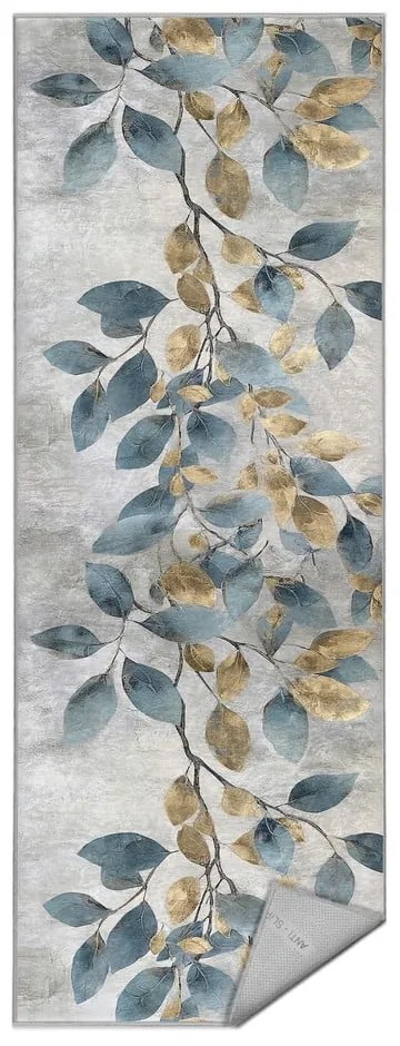 Világoskék-aranyszínű mosható futószőnyeg 80x200 cm Golden Leaves – Mila Home