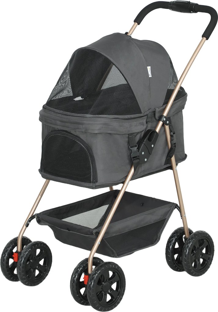 PawHut 3 az 1-ben Kutyakocsi Összecsukható Kutyák és Macskák számára 4 kg-ig, Párnázott Macskakocsi, Hálós Ablakok, Pohártartó, Tároló Kosár, Szürke |