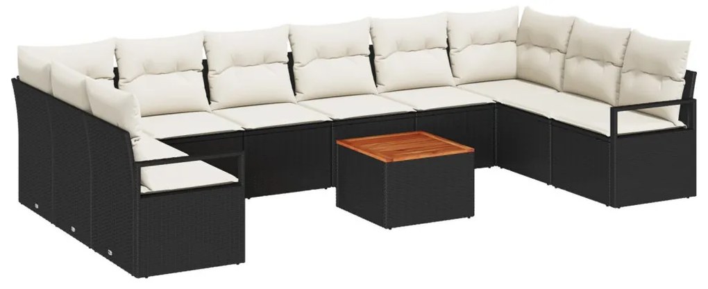 11 Darabos Kerti Kanapé Szett Párnákkal Fekete Poly Rattan Akácia, 2-Fős Kerti Kanapé Tárolóval és Párnákkal Fekete Poly Rattan