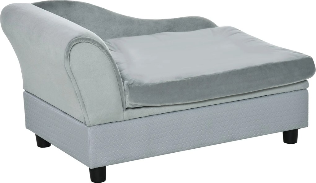 PawHut Pet Sofa Matttal, Kutyaágy, Kutya Matrac, Kutya Kanapé Tároló Hellyel, Természetes Fa+Plüss, Világosszürke, 76 x 45 x 43 cm | Aosom