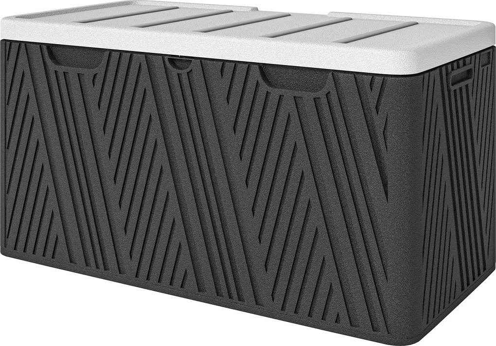 Outsunny 380L Kültéri Tárolódoboz Gázrugós Fedéllel és 2 Oldalfogantyúval, Vízálló HDPE Kültéri Tároló Pad, UV Védelem, 115x60x60 cm, Fekete és Szürke