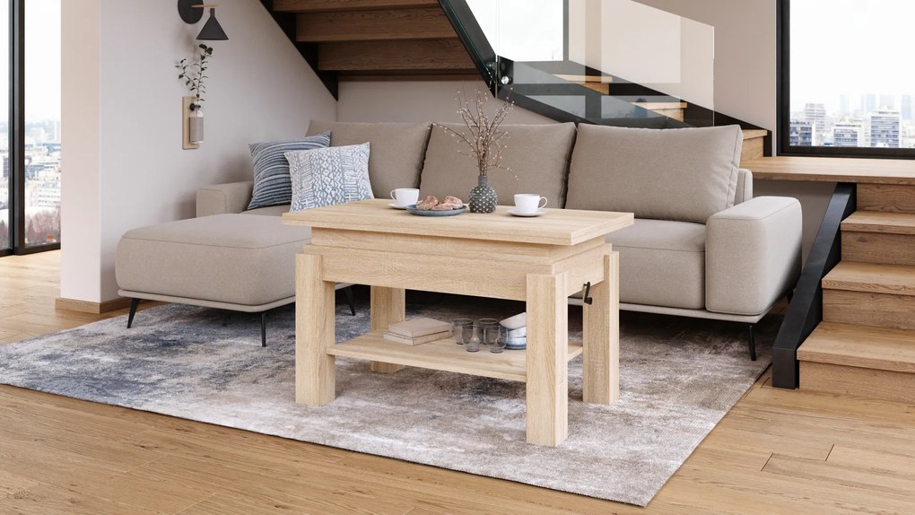 Mazzoni BRAWO Sonoma Tölgy - NYITHATÓ/MAGASÍTHATÓ DOHÁNYZÓASZTAL POLCCAL ÉTKEZŐASZTALKÉNT IS HASZNÁLHATÓ