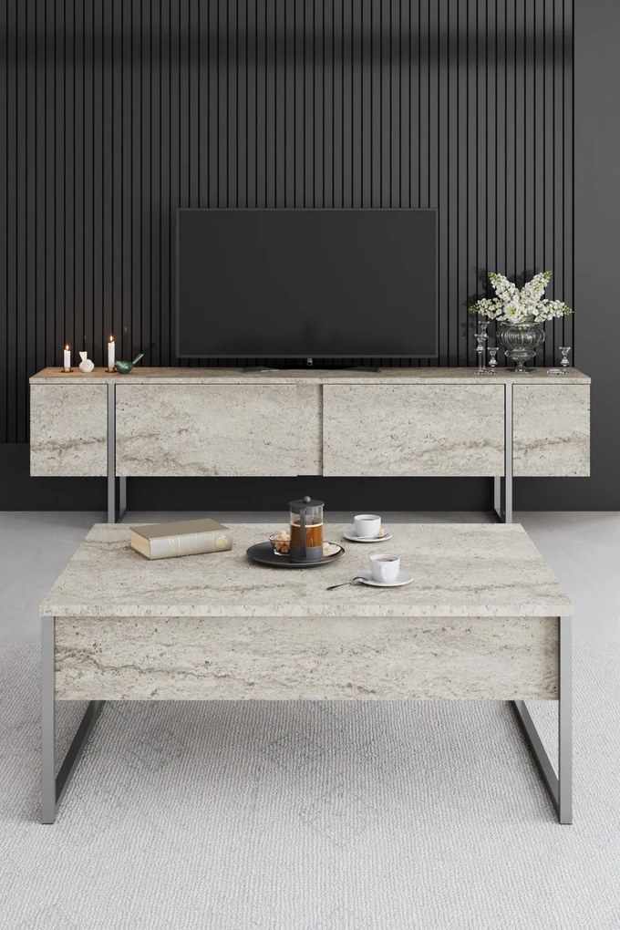 Dohányzóasztal Luxe - Travertine, Silver