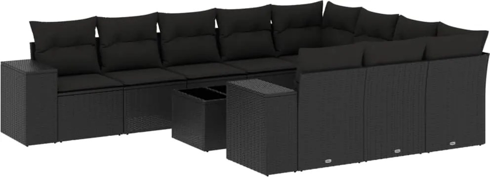 vidaXL 11 részes fekete polyrattan kerti ülőgarnitúra párnákkal