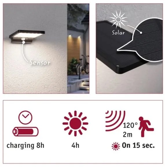 Paulmann 95393-LED/4W IP44 Dimmelhető napelemes lámpa érzékelővel SOLVEIG 3,7V