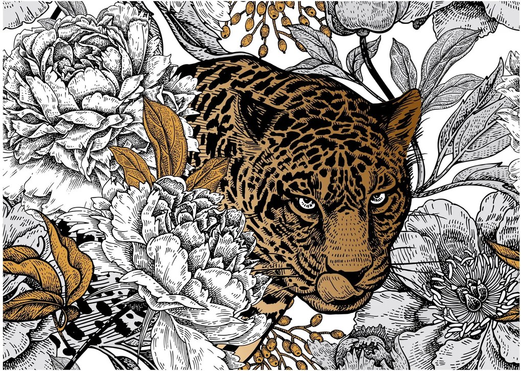 Kép - leopárd a virágok között (üvegen) (70x50 cm)
