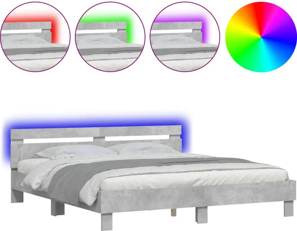vidaXL betonszürke ágykeret fejtámlával és LED-del 180 x 200 cm