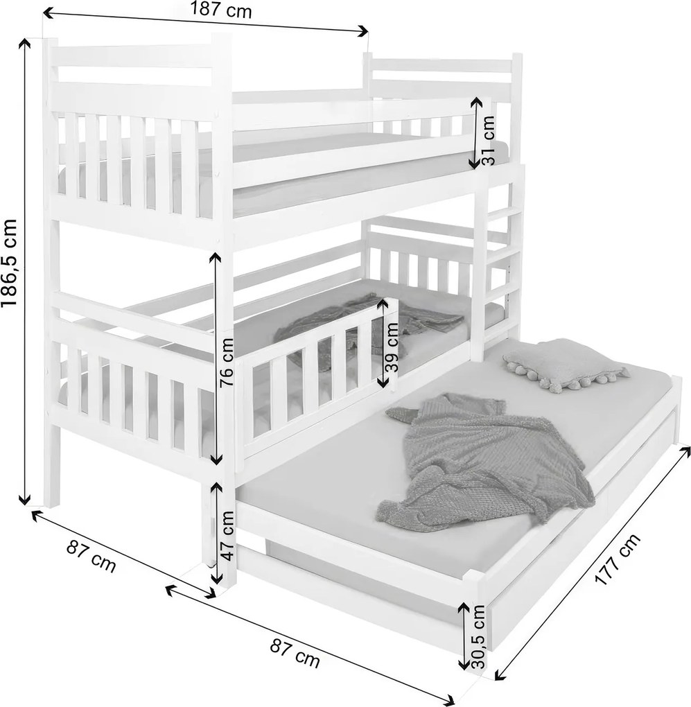 Wilsondo PETRA 5 emeletes ágy pótággyal - natúr borovi Méret: 180x80
