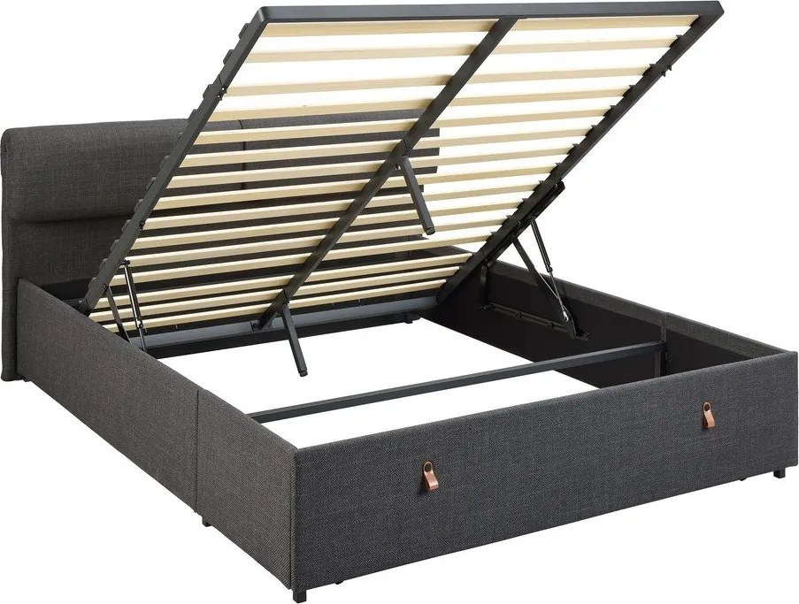 Sötétszürke kárpitozott ágyneműtartós franciaágy ágyráccsal 160x200 cm Calvi – Actona