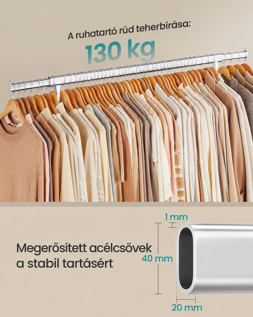 Nagy teherbírású gurulós ruhatartó, állítható 110–150 cm szélességgel, max. 130 kg, krómozott