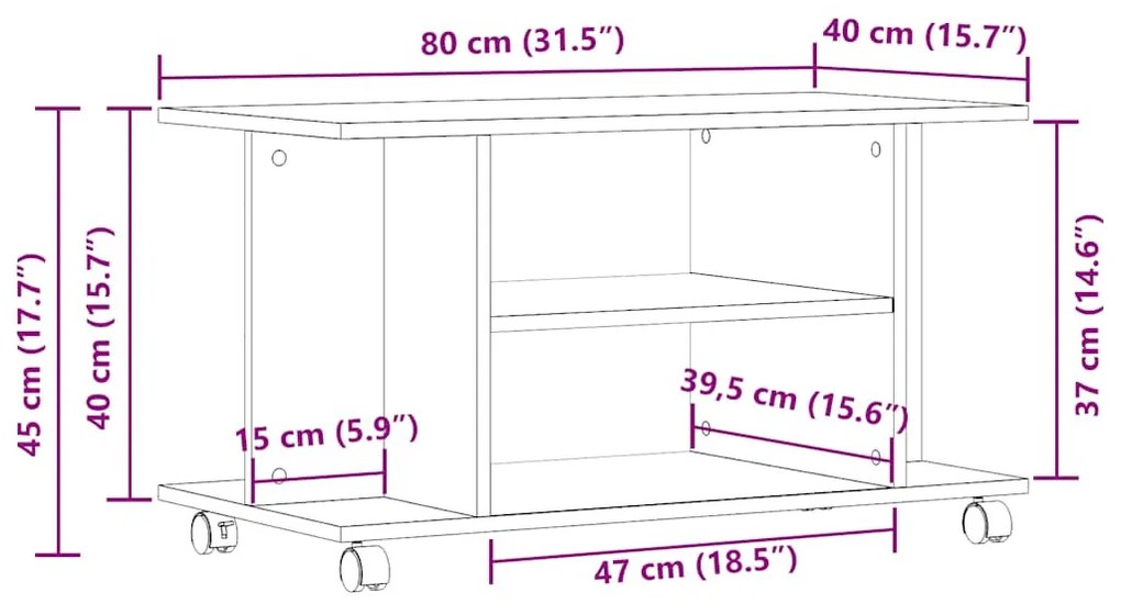 antik fa színű szerelt fa TV-szekrény görgőkkel 80 x 40 x 45 cm