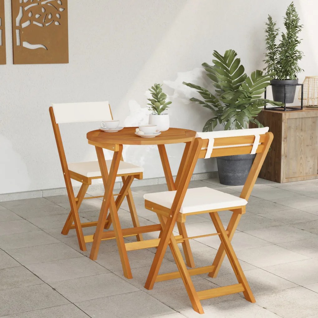 3 részes összecsukható bistro szett párnákkal, tömör akácfából