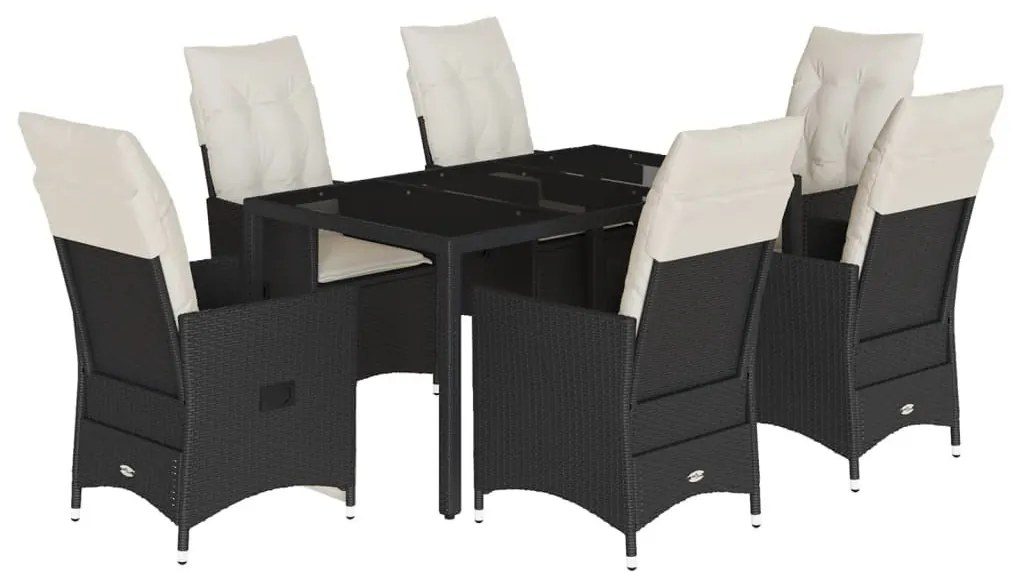 7 részes fekete polyrattan kerti étkezőgarnitúra párnával
