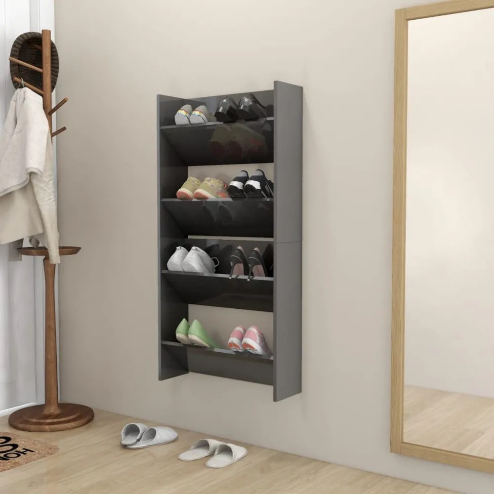 2 db magasfényű szürke szerelt fa fali cipősszekrény 60x18x60cm