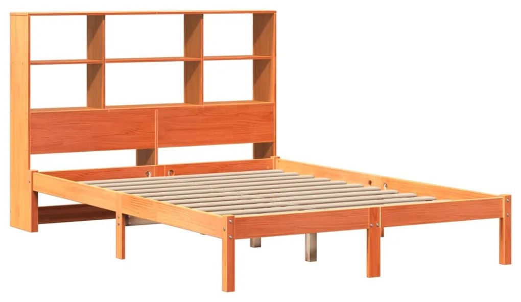 barna tömör fenyőfa könyvespolcos ágy matrac nélkül 120 x 200cm