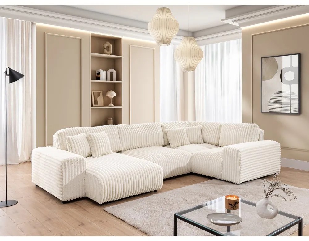 Krémszínű kordbársony sarokkanapé (jobb oldali-U alakú) Justin – Ropez