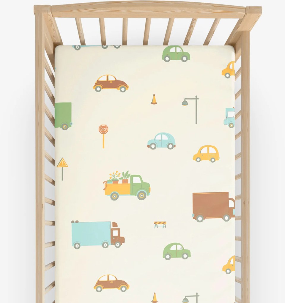 Goldea gyermek körgumis pamut lepedő kiságyba - az autók világa 60 x 120 cm