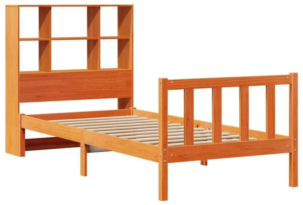 barna tömör fenyőfa könyvespolcos ágy matrac nélkül 90 x 190 cm