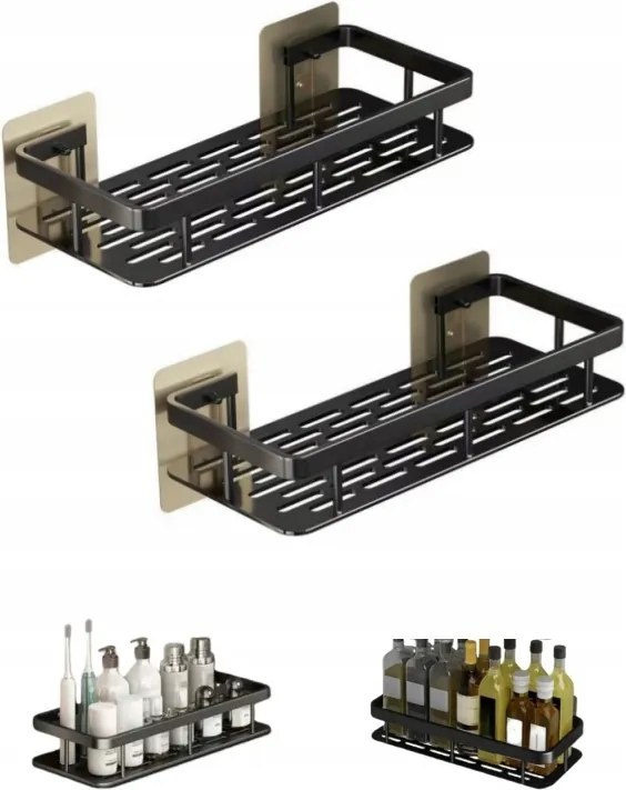 2 db Fali Fürdőszobapolc Zuhanyzóhoz, Fém, Fekete Loft Stílus