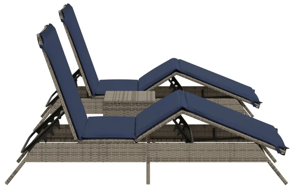 2 db szürke polyrattan napozóágy asztallal