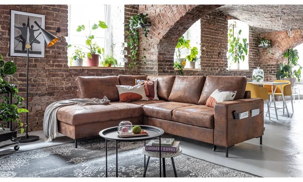 Barna bőrutánzat kinyitható sarokkanapé (bal oldali) Lofty Lilly – Miuform