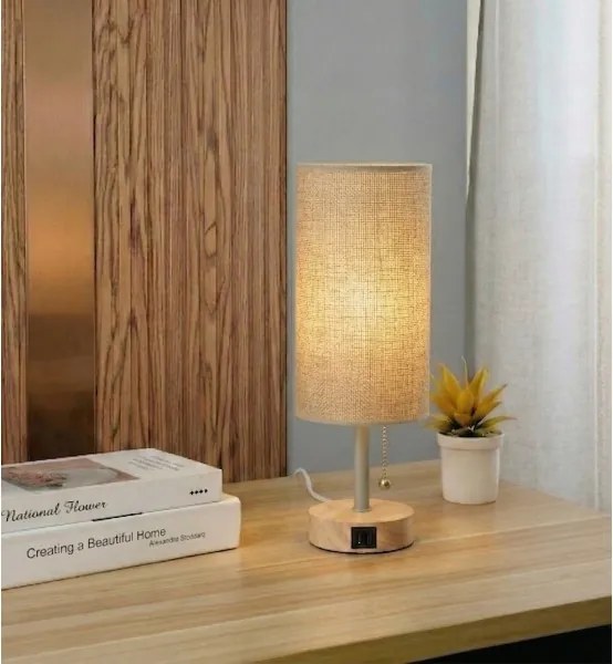 Brilagi - Asztali lámpa USB-porttal TABLON 1xE27/25W/230V tölgy/bézs